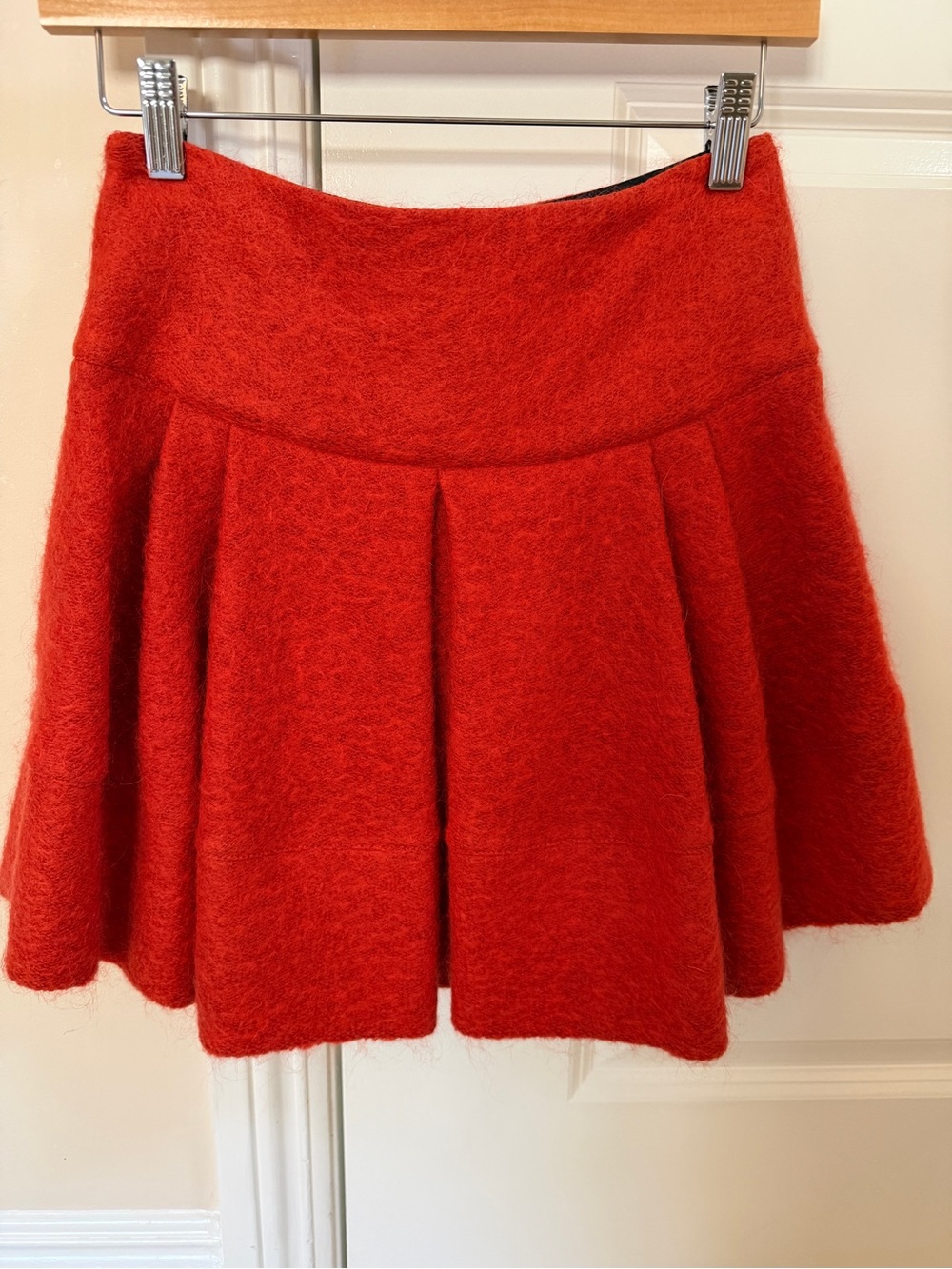 Marcus Lupfer Tomato Red Wool Mohair Pleated Mini Skirt